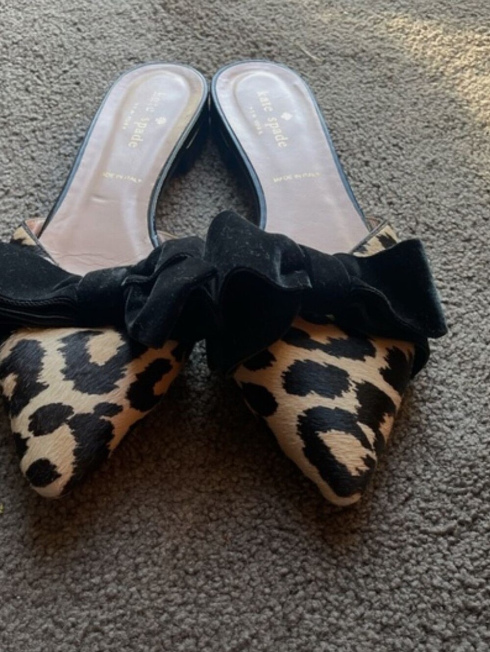kate spade Leopard Print Pointed Toe Mules with Black Velvet Bow - Picture 3 of 5